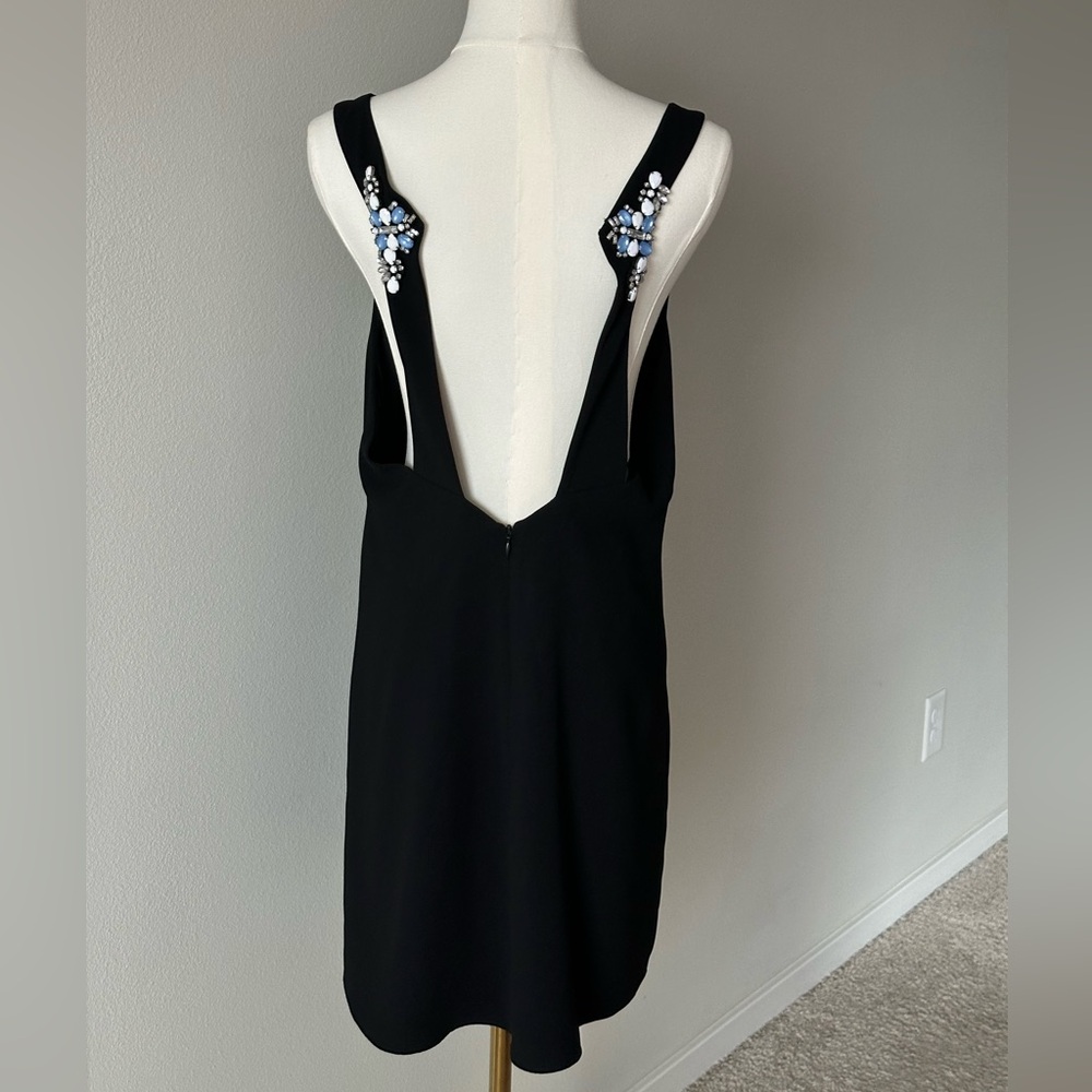 Chic  Zara Black  Backless  Mini Dress with Blue and White  Embellishments-L